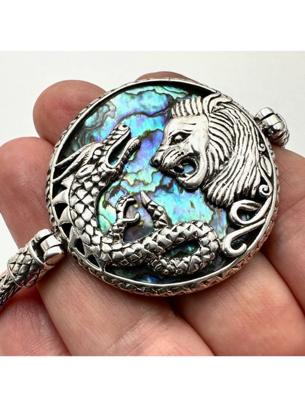 Sterling Silver Dragon Lion Bracelet Abalone Mother of Pearl 8 Inch - Picture 12 of 12